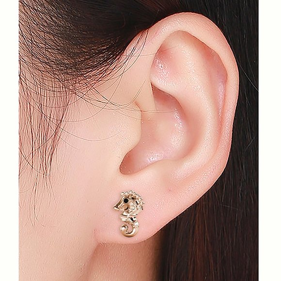 Rose Gold Seahorse Stud Earrings - Picture 2 of 5